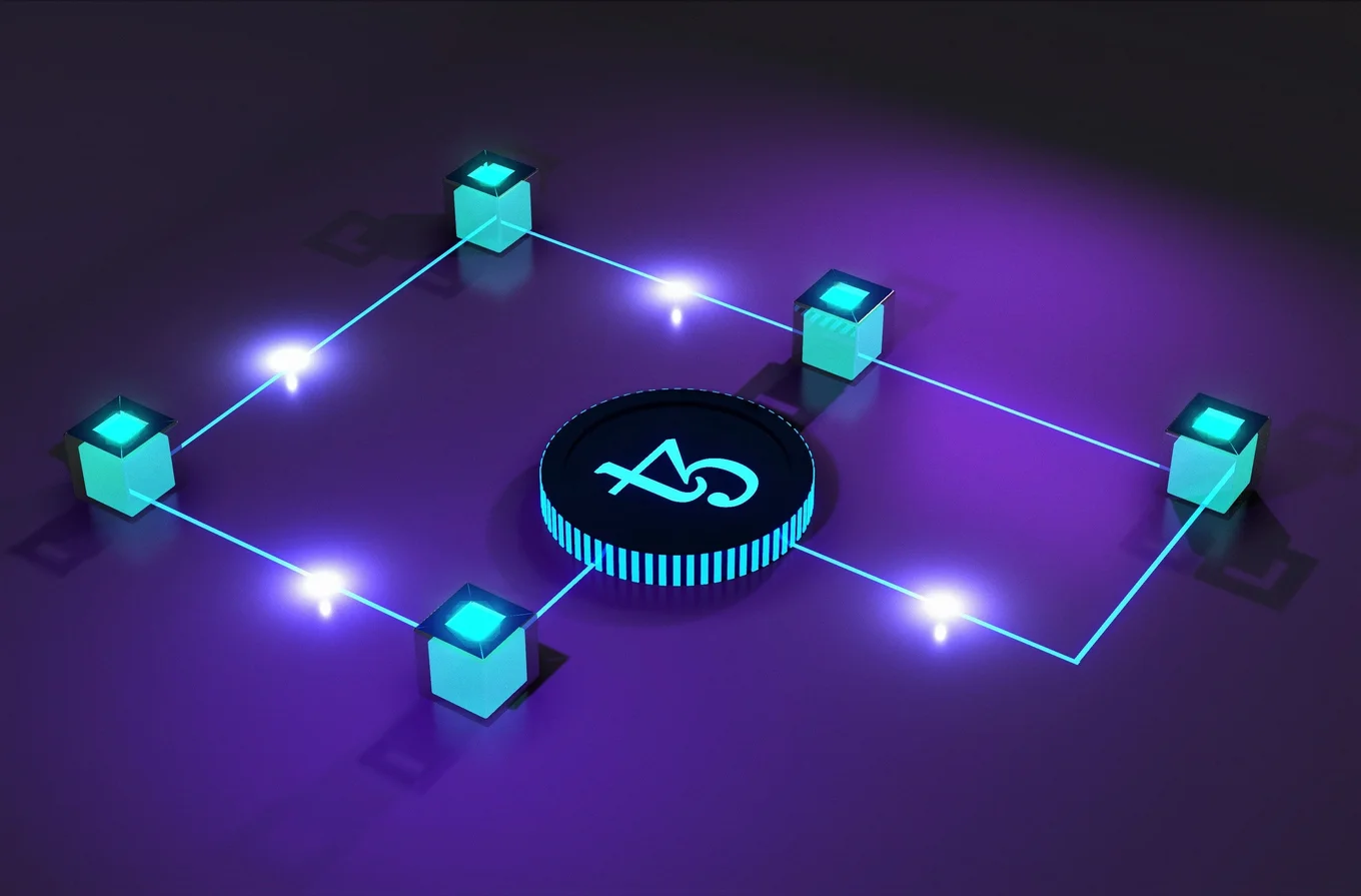 Glowing cube network, circle with symbol, purple background.