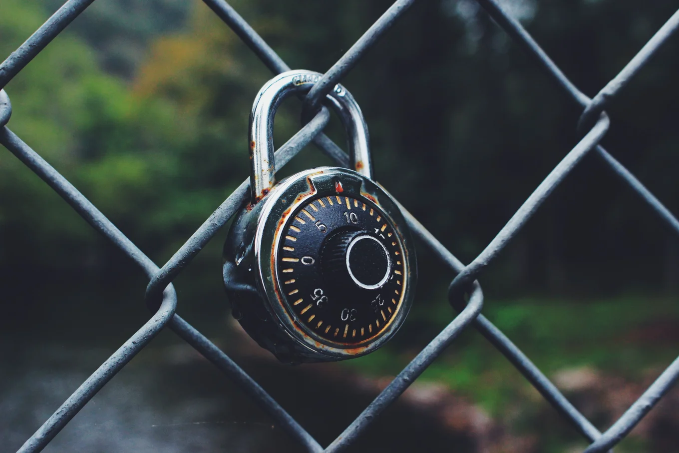 Padlock on chain-link fence, outdoor blurred background.