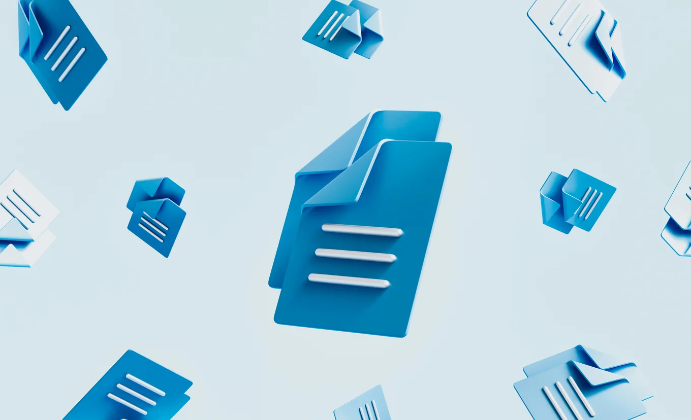 A 3D render of several blue document icons on a white background